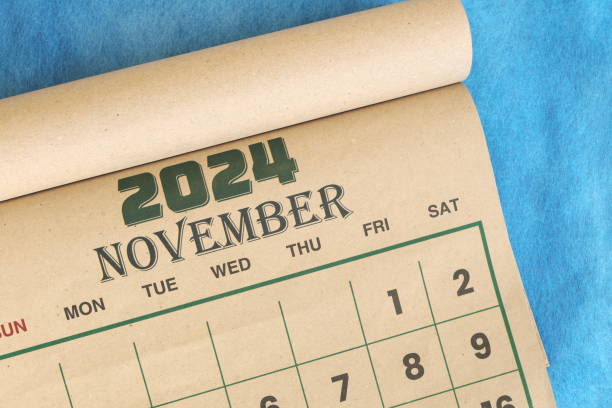istock November 2024 calendar flat lay in blue background with copy space. 2166112105
