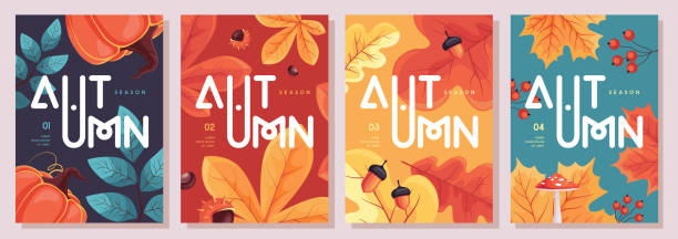 set aus flachen retro-herbstcovern oder partypostern mit herbstlichen blumenattributen. poster für den saisonalen schlussverkauf. vektor-illustration - ahornblatt zeichnung stock-grafiken, -clipart, -cartoons und -symbole