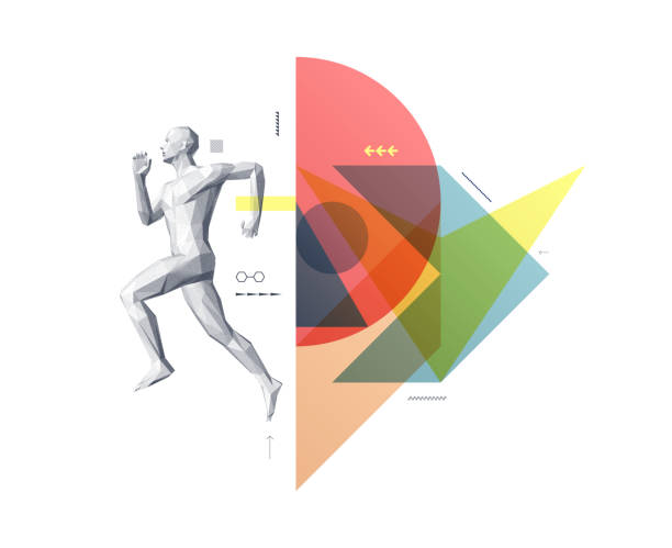 istock Art composition. Running man or marathon runner. 3D human body model. Design for sport. Transparency geometrical background. Cover design template for presentation, poster, cover or brochure. 2166133496