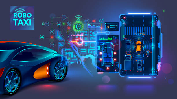 istock Autonomous vehicle car or taxi technology concept. Autonomous car futuristic interface with vehicle system information, map city, virtual dashboard. AI controls robotics automotive taxi of smart city. 2166136172