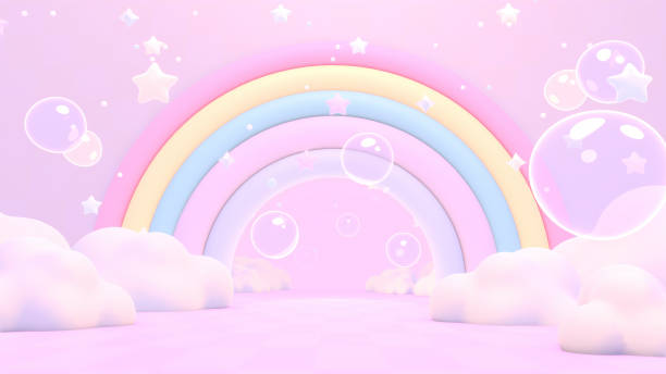 istock cartoon rainbow, stars, bubbles, and clouds on pink floor 2166137742