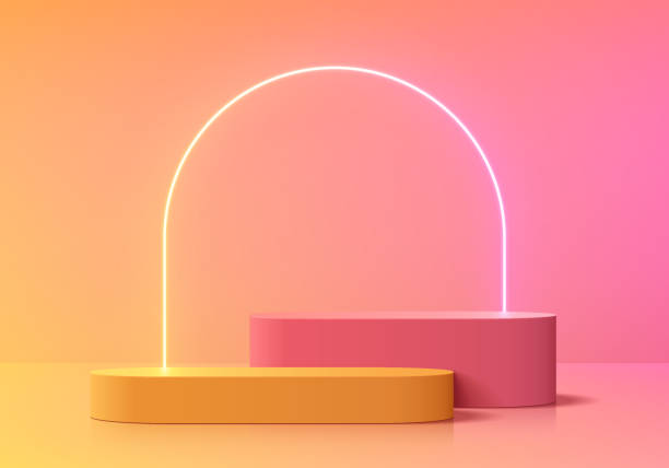 istock Realistic yellow, pink 3D round podium background with arch frame neon backdrop wall scene. Minimalist mockup pedestal, Abstract product display presentation, Stage showcase. Vector platform design. 2166140445