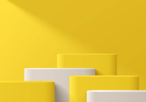 istock Realistic yellow and white 3D round podium set level background wall scene. 3D Minimalist mockup pedestal, Abstract product display presentation, Stage showcase. Platforms vector geometric design. 2166140759