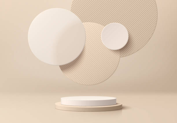 istock Realistic beige 3D cylindrical pedestal podium background with floating overlap circle scene. Minimalist mockup pedestal, abstract product display presentation, Stage showcase. Platforms vector design 2166141833