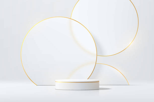 istock Realistic white 3D cylindrical podium background with floating overlap circles gold lines. Minimalist mockup pedestal, abstract product display presentation, Stage showcase. Platforms vector design. 2166141838