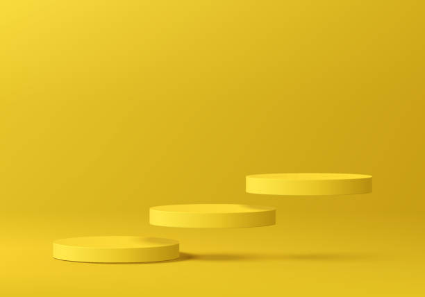 istock Realistic 3D yellow cylindrical podium background with floating round pedestal wall scene. Minimalist mockup, Abstract product display presentation, Stage showcase. Platforms vector geometric design. 2166141999