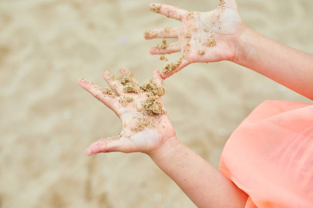 Close-up of a childs sandy hands at the seashore, evidence of beach play.