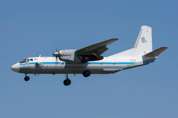 Ukrainian Air Force Antonov AN-26 military transport aircraft Kecskemet, Hungary - August 2, 2013: Ukrainian Air Force Antonov AN-26 military transport aircraft in the air while landing antonov an 26 stock pictures, royalty-free photos & images