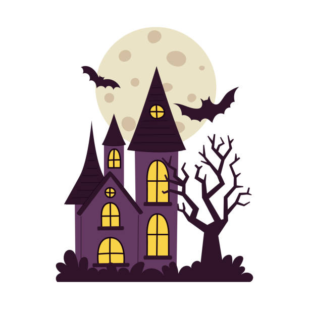 A house with bats flying around it and a full moon in the background A house with bats flying around it and a full moon in the background. Scene is spooky and eerie. Vector cartoon illustrations isolated on a white background. ugly-hat stock illustrations