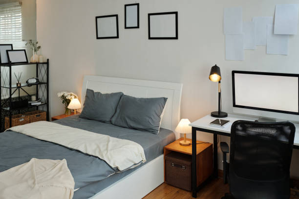 istock Design Bedroom With Bed And Workplace 2166152615