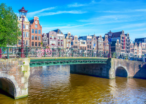 Old houses and a bridge over Amstel river in downtown of Amsterdam, Netherlands