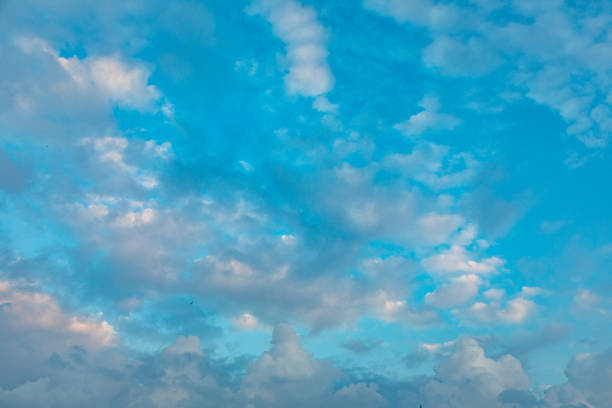 scenic cloudscape in early morning with blue sky and fluffy white soft clouds