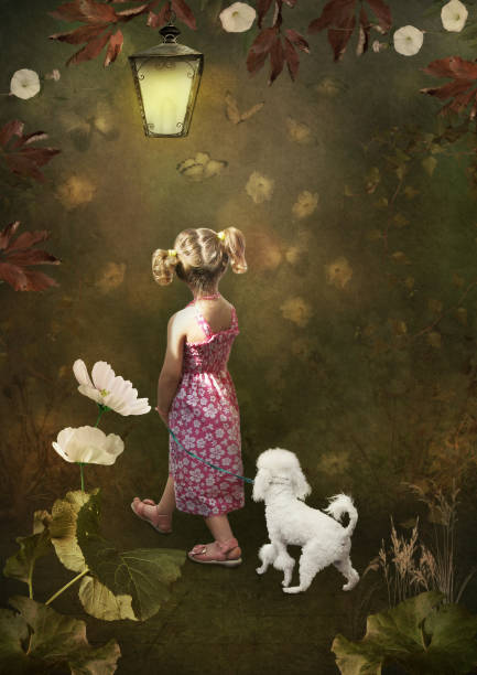 A little girl with a poodle walks in a fairy garden. Digital art.