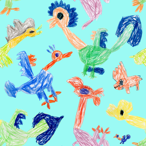 istock Hand drawn by felt-tip pen and colored pencils sketches of fairy tale Dragons and monsters. Seamless pattern on a turquoise background 2166160598