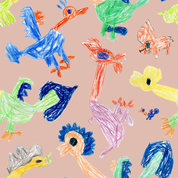 istock Hand drawn by felt-tip pen and colored pencils sketches of fairy tale Dragons and monsters. Seamless pattern on a pink beige background 2166160787