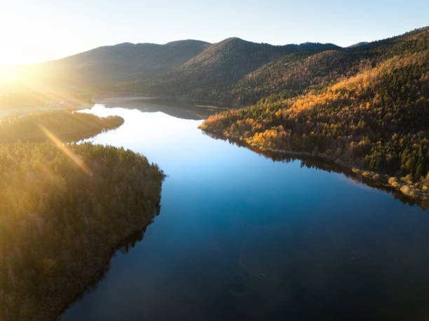 istock Aerial View On Lake At Dawn 2166161942