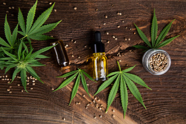 istock Cbd hemp oil in bottle and marijuana leaves 2166166830
