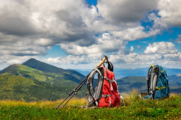istock Hiking in the mountains with a backpack and walking poles. 2166167088