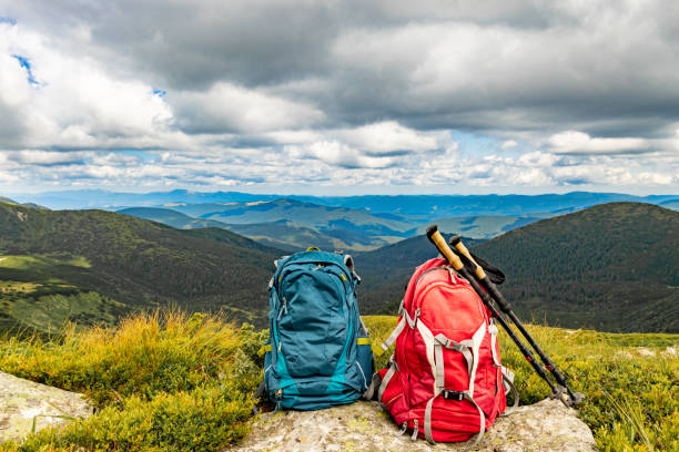 istock Hiking in the mountains with a backpack and walking poles, beautiful scenery. 2166167111