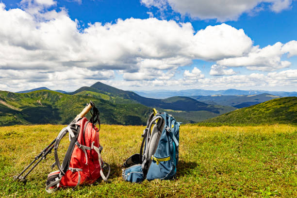 istock Hiking in the mountains with a backpack and walking poles. 2166167139