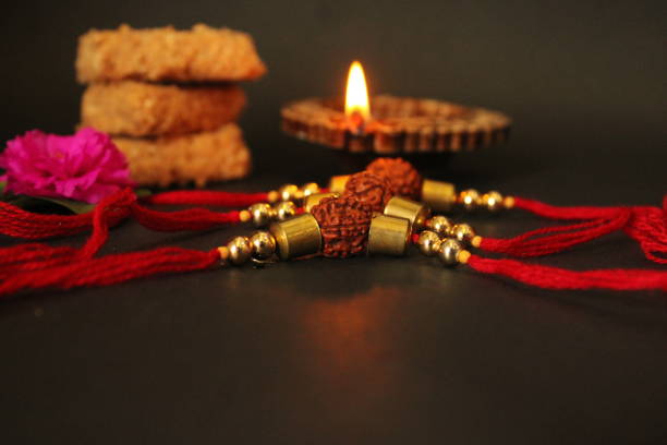 Rakhsa bandhan festival. Indian festivals and culture. Rakhsa bandhan festival. Beautiful Rudraksha Rakhis, gifts, sweets for the festival. Indian festivals and culture. Religious celebration. rajkot india stock pictures, royalty-free photos & images