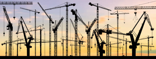 istock Big set of Tower construction crane. Vector with building cranes, isolated on sunset sky background. Collection of Construction black silhouettes site line sketch, hand drawn, vector. 2166167820