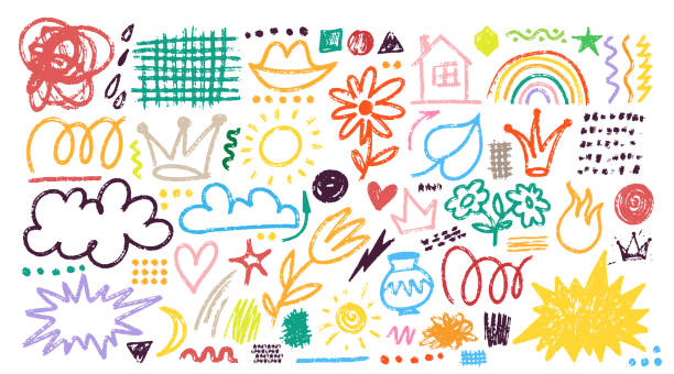 Big collection of hand drawn charcoal doodle shapes, symbols, squiggles in childish girly style. Template pencil colorful drawings. Vector flower, heart, grid doodle, crown, stars, collage elements.