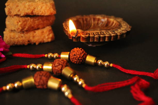 Rakhsa bandhan festival. Decorations for festival. A beautiful view of the Rakhis, sweets and oil lamp for decoration. Indian festivals, culture and tradition. Brief code - 776165696 rajkot india stock pictures, royalty-free photos & images