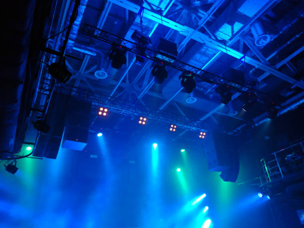 istock View from below on the brightly lit concert stage with blue spotlights 2166169970