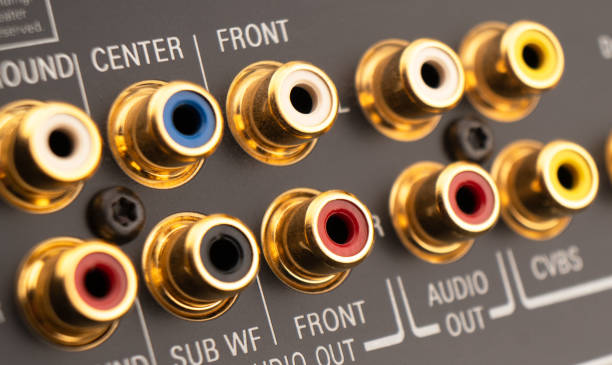 istock RCA sockets of audio surround receiver amplifier. Output audio connectors 2166173530