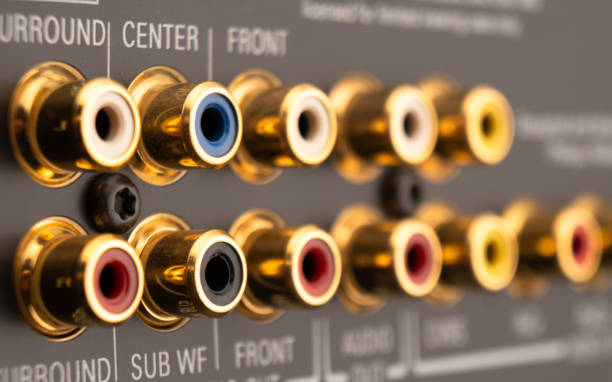 istock RCA sockets of audio surround receiver amplifier. Output audio connectors 2166179329