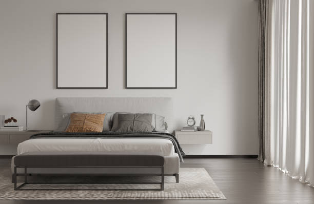 istock mock up poster frame in interior background, bed room. 3D render, 3D illustration 2166180305