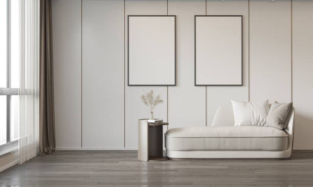 istock mock up poster frame in interior background, living room. 3D render, 3D illustration 2166180307