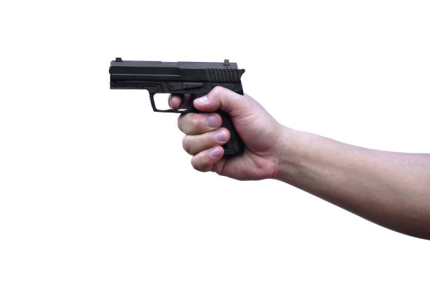istock Hand hold black pistol gun, isolated on white background. Concept, dangerous violent weapon, use for self protecting, killing , destroying or threatening in crime. Handgun. 2166184062