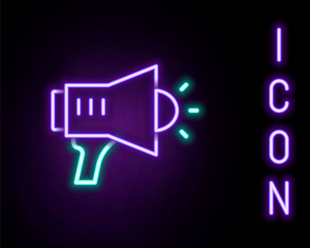 istock Glowing neon line Megaphone icon isolated on black background. Speaker sign. Colorful outline concept. Vector 2166185770