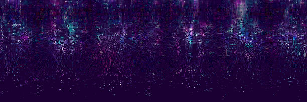 istock Seamless halftone dotted digital technology wide background with futuristic neon light and faded effect. Cyberpunk and retrowave design for technology, hi-tech and science concept. Vector illustration 2166189928
