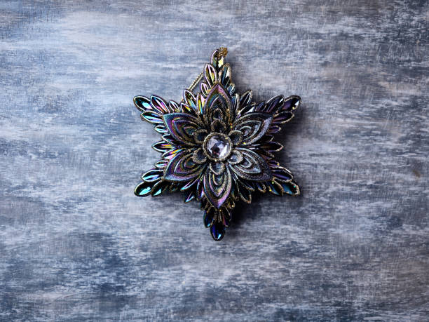 Christmas ornament on dark wooden background. Soft focus. Top view. Copy space.