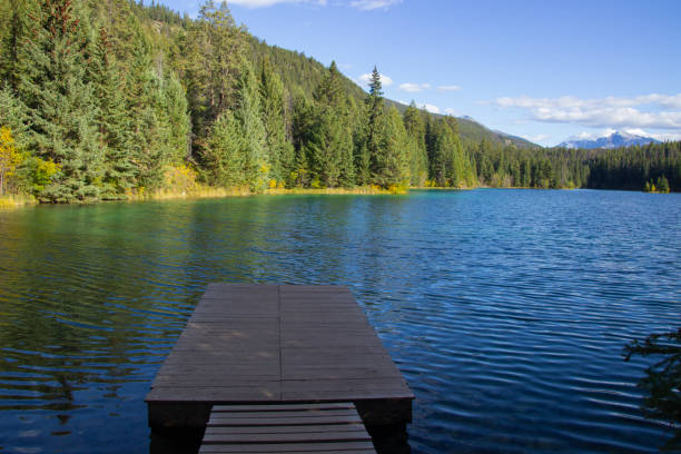 istock Dock on a tranquil green lake in the mountains in Jasper. 2166191183
