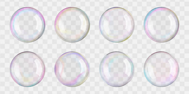 ilustraciones, imágenes clip art, dibujos animados e iconos de stock de transparent soap foam balls in air. 3d iridescent rainbow spheres and textured circles float on white png. glass plastic mirror reflections on big bath bead. shiny pastel blown day-dreaming bubbles - burbujas