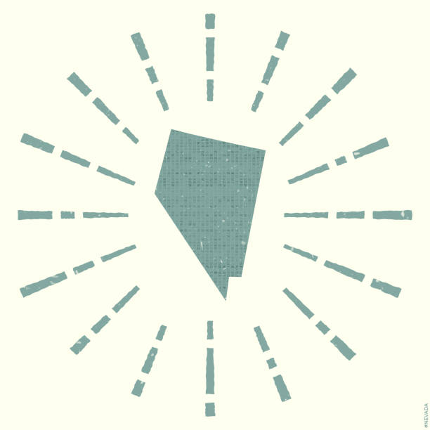Nevada Logo. Grunge sunburst poster with map of the us state. Shape of Nevada filled with hex digits with sunburst rays around. Creative vector illustration.