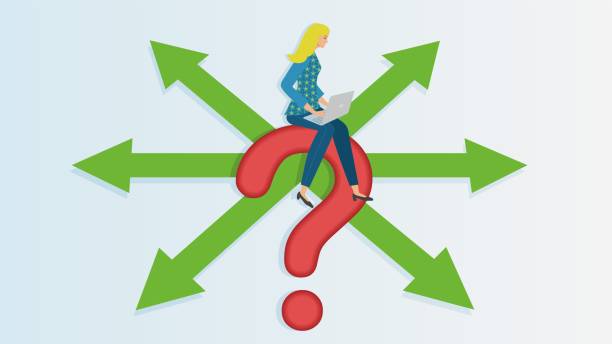 istock Woman with laptop trying to find the right solution and choice. Dimension 16:9. Vector illustration. 2166201437