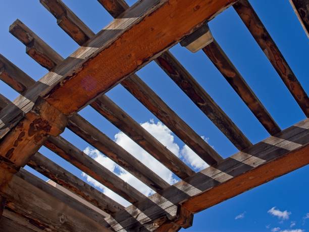 Pergola with shaded walkway with blue sky background on college campus, at University of New Mexico.