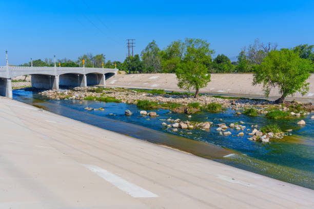 istock Los Angeles River in Elysian Valley with Bridge Background 2166205078