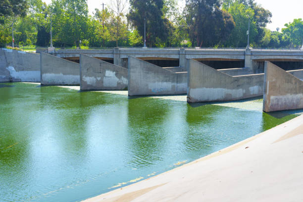 Water control structures visible on the Los Angeles River in Elysian Valley, showcasing urban engineering and water management.