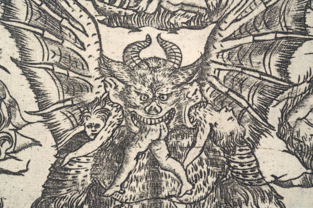 Demon or devil in hell eating men who have sinned, Mythology, After life, Vintage illustration
