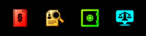 istock Set Law book, Paper analysis magnifying, Safe and Scales of justice icon. Vector 2166224783