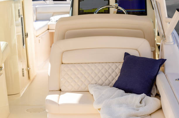 istock Inside of luxury motorbat with leather comfortable seat, background with copy space 2166225890