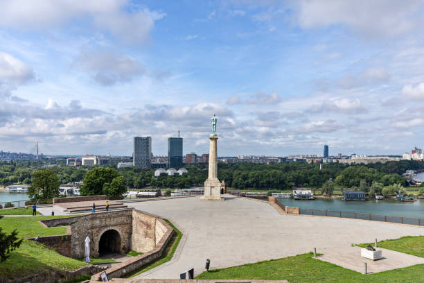 Belgrade, Serbia - May 9, 2024 - The Victor monument stands tall amongst the Belgrade city landscape. The monument was built to commemorate Serbia's victory over the Ottoman and Austro-Hungarian empires during the Balkan Wars and First World War. It is one of the most visited tourist attractions in Belgrade.
