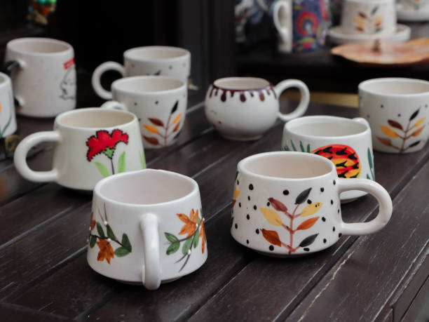 handmade white porcelain colorful detailed mugs