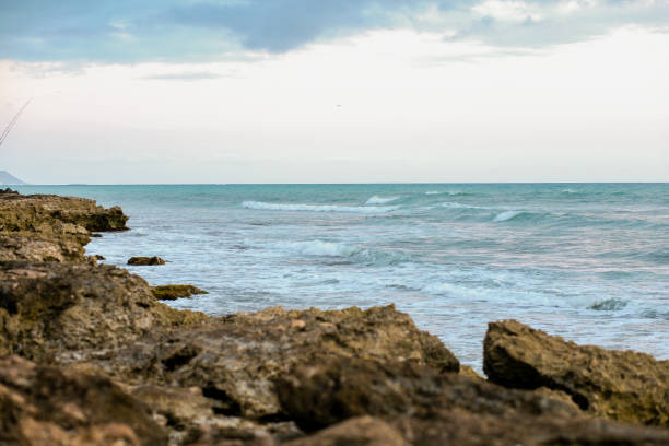 A photo of a rocky coastline with ocean waves rolling in, the horizon meeting the ocean, and a bright sky above.